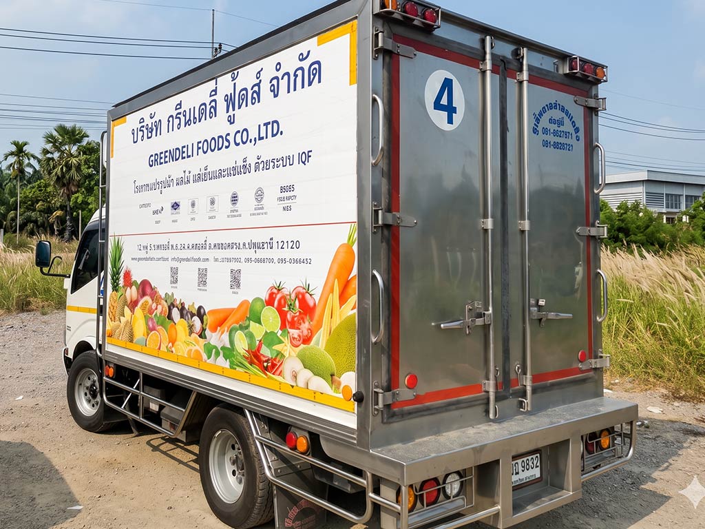 สติ๊กเกอร์ เลขประจำคันรถบริษัท หมายเลข 4 แบบวงกลมไดคัทติดท้ายรถขนส่งห้องเย็น สำหรับจุดโหลดสินค้าในคลังอุตสาหกรรม