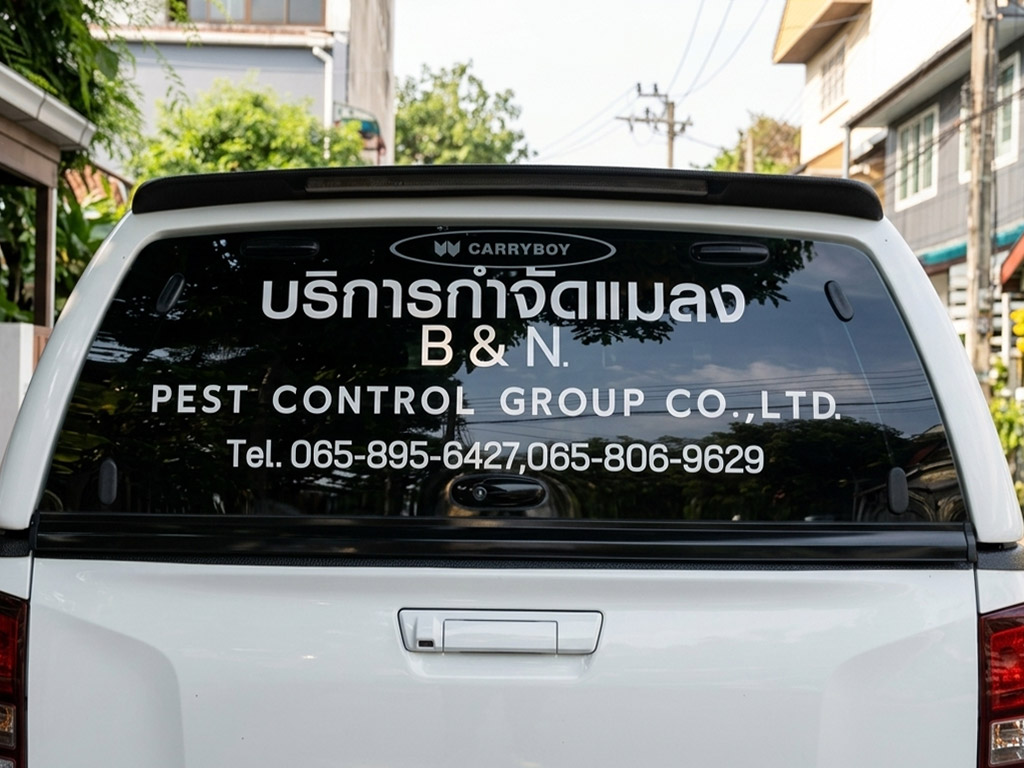 สติ๊กเกอร์ตัวอักษรไดคัทสีขาวติดกระจกหลังรถแครี่บอยบริษัทกำจัดแมลง อ่านง่าย คุ้มค่า และดูเป็นมืออาชีพ
