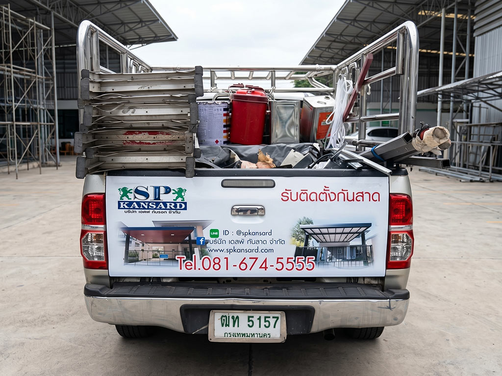 สติ๊กเกอร์ท้ายรถบริษัทประเภทกระบะบริการ เน้นตัวอักษรเบอร์โทรศัพท์สีแดงขนาดใหญ่คู่กับโลโก้แบรนด์เพื่อกระตุ้นการโทรกลับทันที