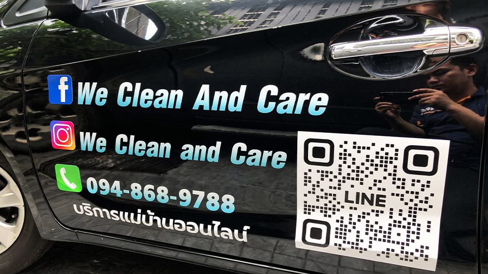สติ๊กเกอร์ QR Code และช่องทางติดต่อ Facebook Instagram เบอร์โทรศัพท์ สำหรับอัปเดตจุดสัมผัสลูกค้าบนประตูรถยนต์