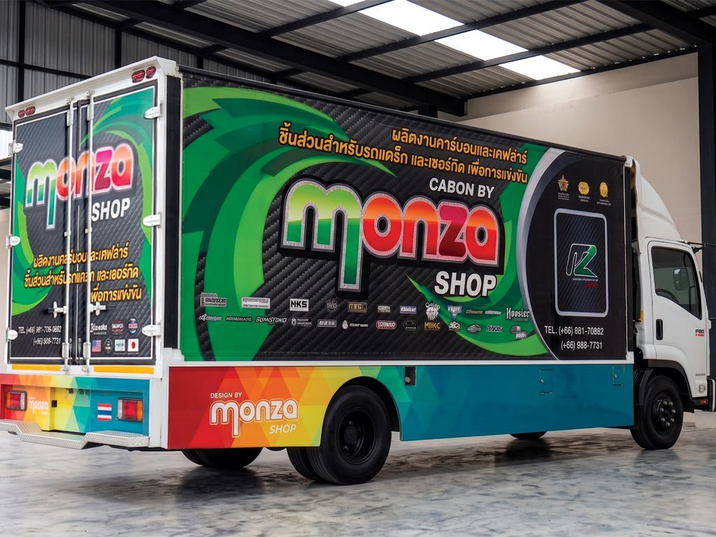 บริการรื้อสติ๊กเกอร์เก่าและติดตั้งใหม่ตู้บรรทุกขนาดใหญ่ Monza Shop ฟิล์มยึดเกาะแน่นเต็ม 100%