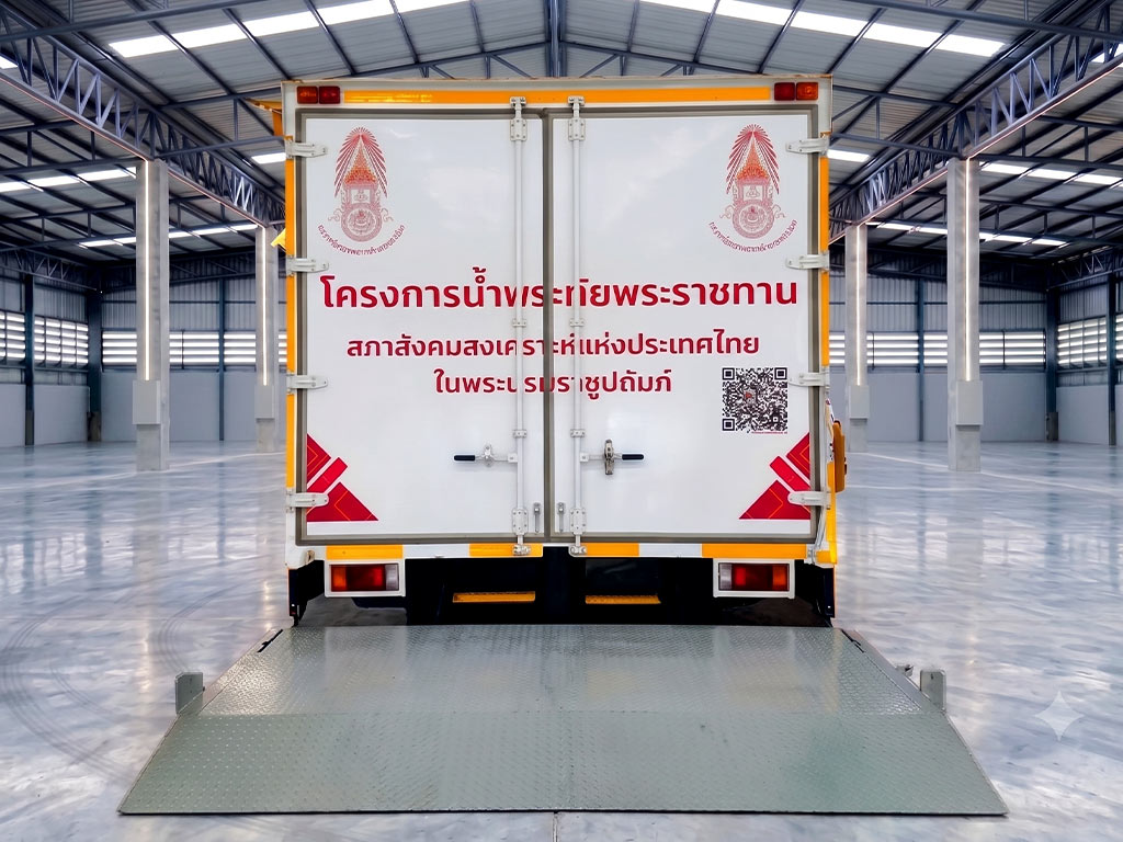 สติ๊กเกอร์รถกิจกรรมและอีเวนต์องค์กร ติดบานประตูท้ายตู้ทึบรถบรรทุก พร้อมระบบลิฟต์ไฮดรอลิกโหลดสินค้าที่เปิดใช้งานในพื้นที่คลังสินค้าจัดกิจกรรม