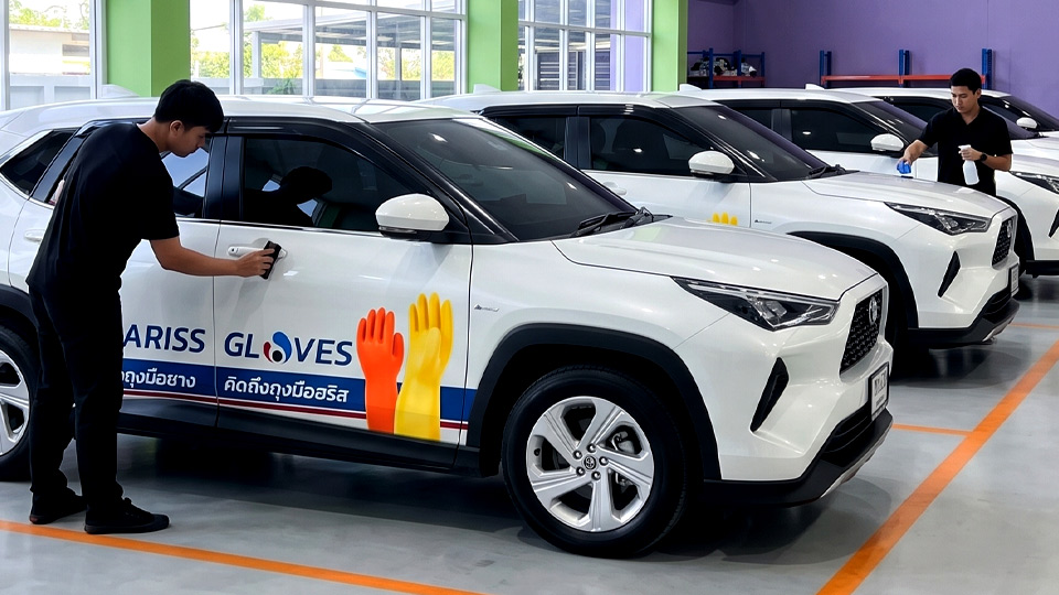 ช่างเทคนิคกำลังตรวจเช็คคุณภาพกราฟิกข้างตู้รถขนส่งสินค้า (Fleet Audit) ซึ่งเป็นขั้นตอนสำคัญในการดูแลและบำรุงรักษางานฟลีทรถองค์กร