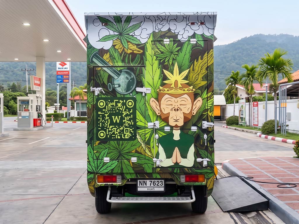 ภาพด้านหลังตรงของตู้บรรทุกสินค้าบนรถกระบะ หุ้มสติ๊กเกอร์สีเขียวเต็มบาน ฝั่งซ้ายเป็น QR Code สีเขียวขนาดใหญ่ ฝั่งขวาเป็นลายลิงพนมมือสีน้ำตาลเด่นชัด