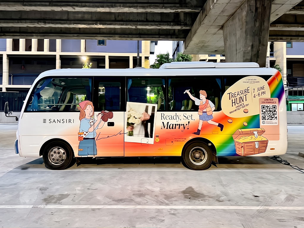สติ๊กเกอร์รถ Roadshow ติดข้างรถมินิบัสเต็มแผง ลายแคมเปญ Sansiri Ready Set Marry