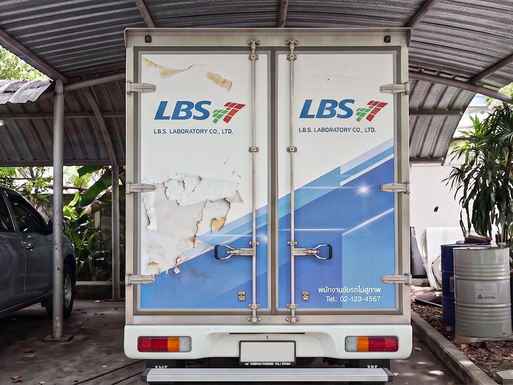 สติ๊กเกอร์ประตูซ้ายตู้ทึบชำรุดหนัก ซ่อมสติ๊กเกอร์รถเฉพาะจุดแบบเหมาบานเพื่อประหยัดต้นทุน