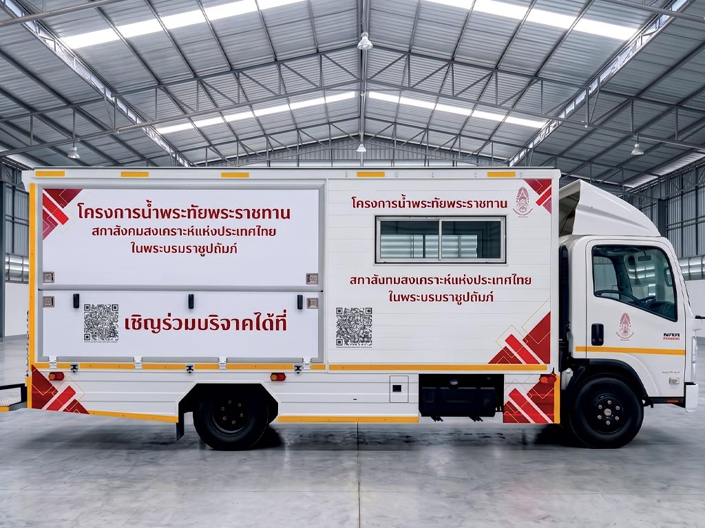สติ๊กเกอร์รถกิจกรรมและอีเวนต์องค์กร ด้านขวาตรงพิมพ์ลายกราฟิกเรขาคณิตสีแดงทอง พร้อม QR Code สองจุดบนพื้นผิวตู้ทึบเน้นความสมมาตรของการอ่าน