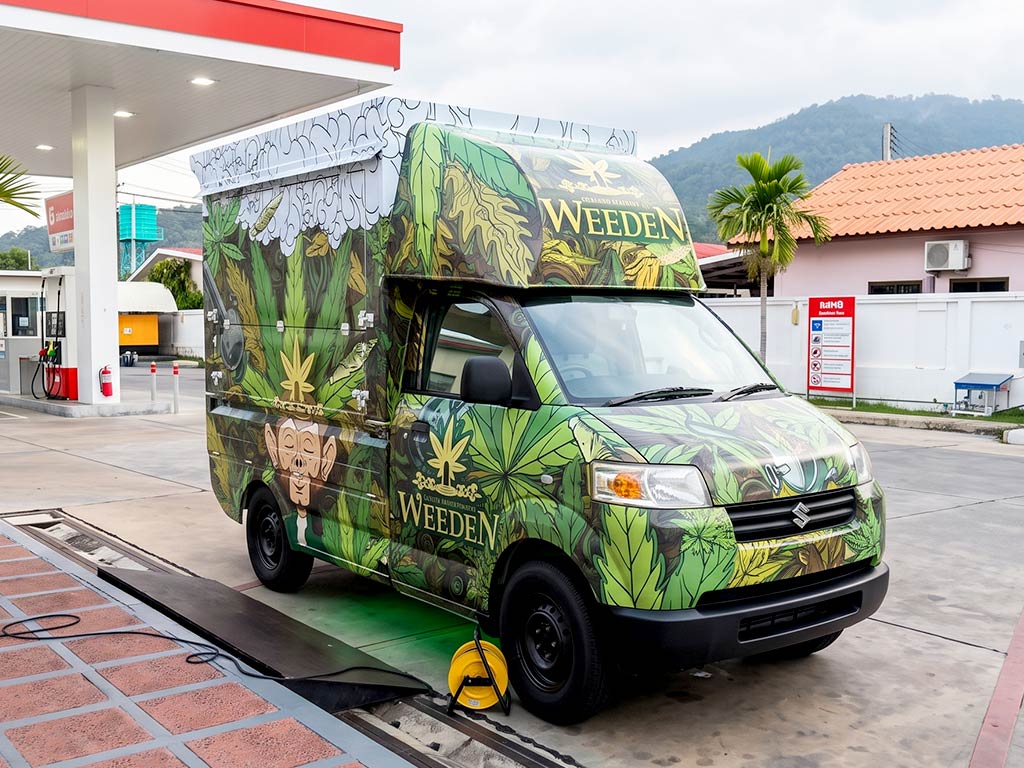 ภาพรถกระบะ Suzuki Carry หุ้มสติ๊กเกอร์สีเขียวรอบคันจอดในสถานีบริการน้ำมัน กราฟิกหน้ารถและข้างรถสอดรับกันอย่างเป็นระบบเพื่อการตลาดเคลื่อนที่
