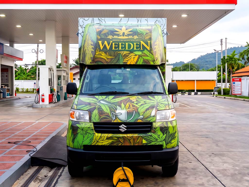 ภาพหน้าตรงของรถกระบะ Suzuki Carry หุ้มสติ๊กเกอร์สีเขียวลายใบไม้เต็มพื้นที่ฝากระโปรงหน้าและหลังคาส่วนต่อขยาย พิมพ์ตัวอักษร WEEDEN สีทองชัดเจน