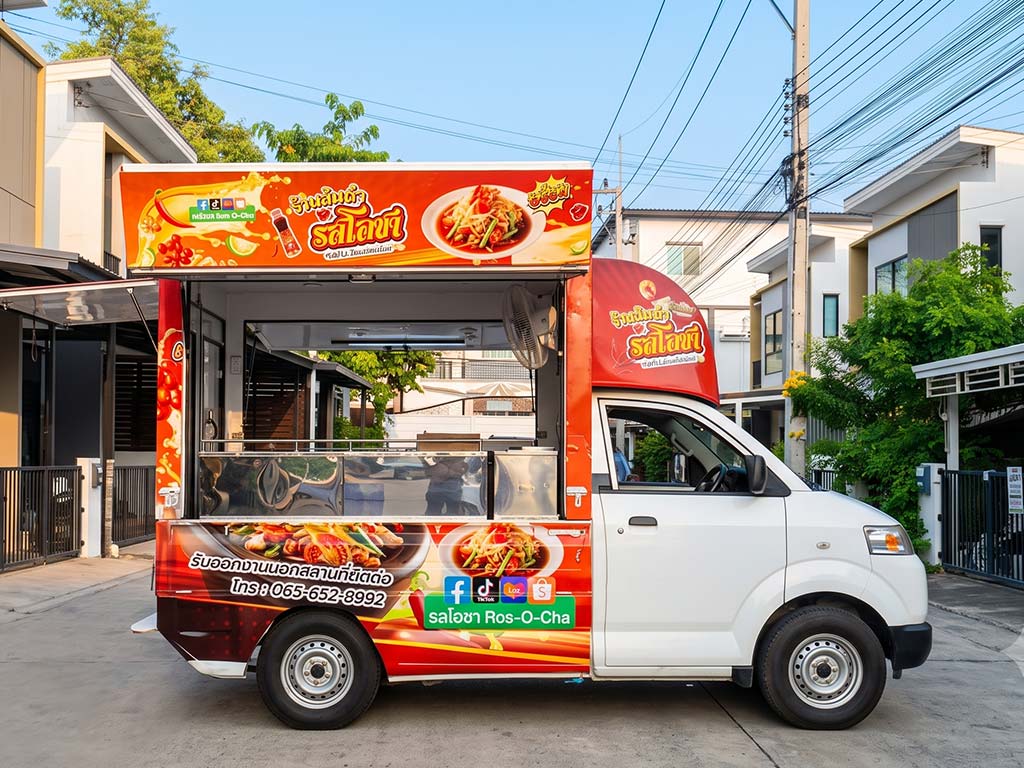 สติ๊กเกอร์รถ Marketing Activation ขวาเปิดแสดงลายอาหารและป้ายสัญลักษณ์ส้มตำครบรสบริเวณหน้ารถ