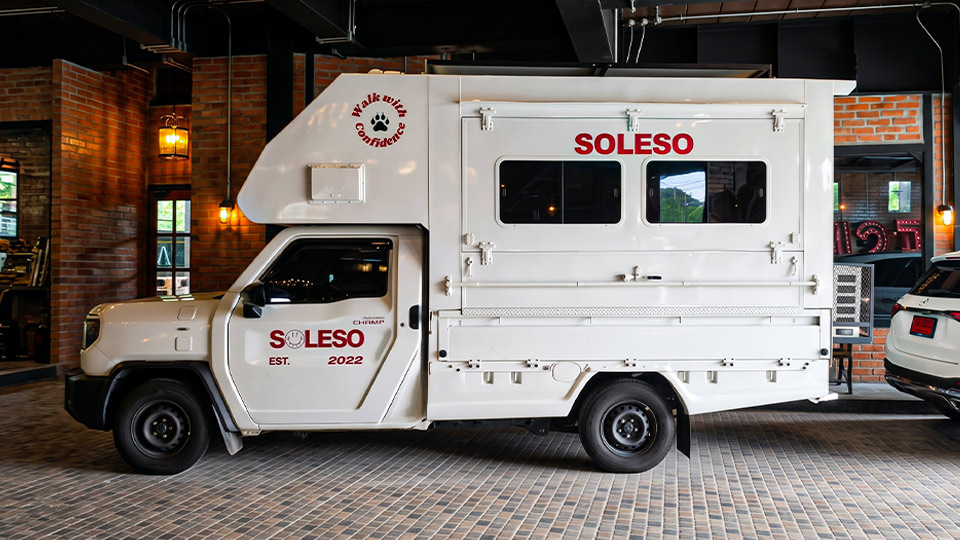 สติ๊กเกอร์อัปเดตชื่อบริการ SOLESO และข้อความ EST. 2022 เฉพาะจุดบนประตูและข้างตู้บรรทุกรถกระบะ