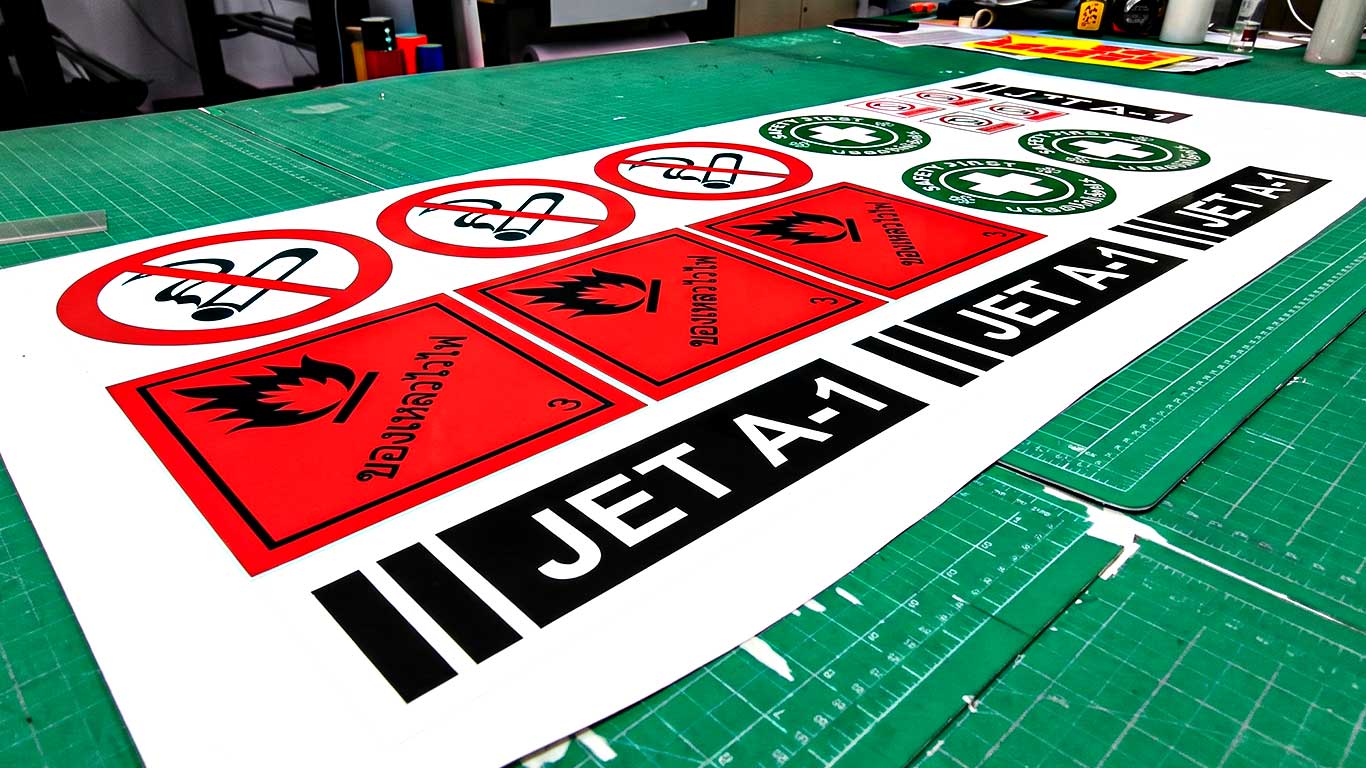 ป้ายสติ๊กเกอร์เตือนภัย JET A-1 และของเหลวไวไฟ ออกแบบค่าสี High Contrast และสเกลตัวอักษรสัมพันธ์กับระยะมองเห็น