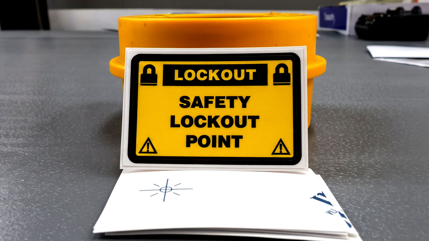 สติกเกอร์ระบุจุด Safety Lockout Point สีเหลือง-ดำ สำหรับบ่งชี้จุดตัดแยกพลังงาน