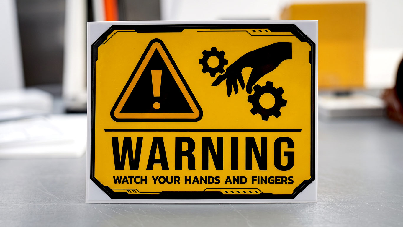 ป้ายเตือนความปลอดภัย WARNING WATCH YOUR HANDS AND FINGERS สัญลักษณ์ระวังมือหนีบเฟืองจักร สีเหลืองดำ