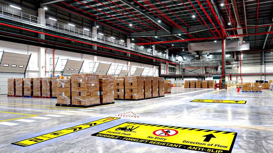 สติ๊กเกอร์ Floor Marking ผิวหน้ากันลื่น (Anti-Slip) ระบุช่องทางเดินรถโฟล์คลิฟท์และป้ายเตือนความปลอดภัย สติ๊กเกอร์ติดพื้นทางเดินรถโฟล์คลิฟท์ ผิวเคลือบกันลื่น Anti-Slip แถบสีเหลืองดำมองเห็นชัดเจนในคลังสินค้า