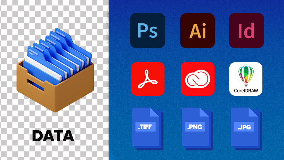 กราฟิกกล่องจัดเก็บโฟลเดอร์ DATA และไอคอนไฟล์กราฟิก Illustrator Photoshop InDesign CorelDRAW สำหรับระบบจัดเก็บสเปกงานสั่งผลิตซ้ำ