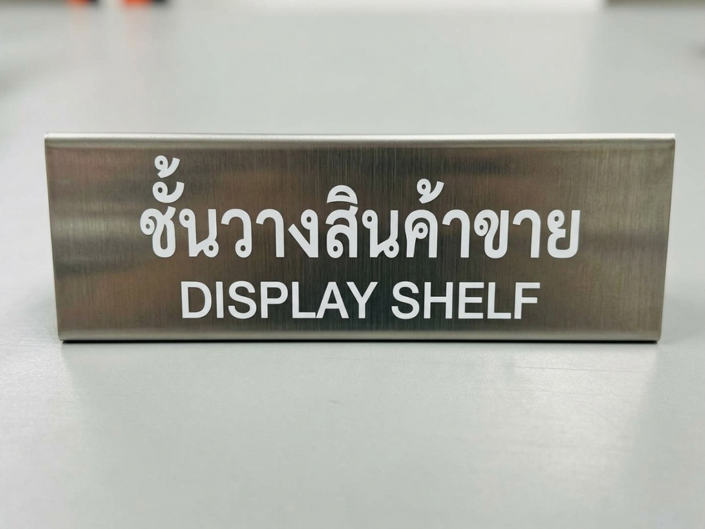 ป้ายเนมเพลทเครื่องจักรและ Data Plate ป้ายสแตนเลสพับทรงสามเหลี่ยมชั้นวางสินค้าขาย Display Shelf สไตล์มินิมอล ช่วยจำแนกโซนจำหน่ายชัดเจน