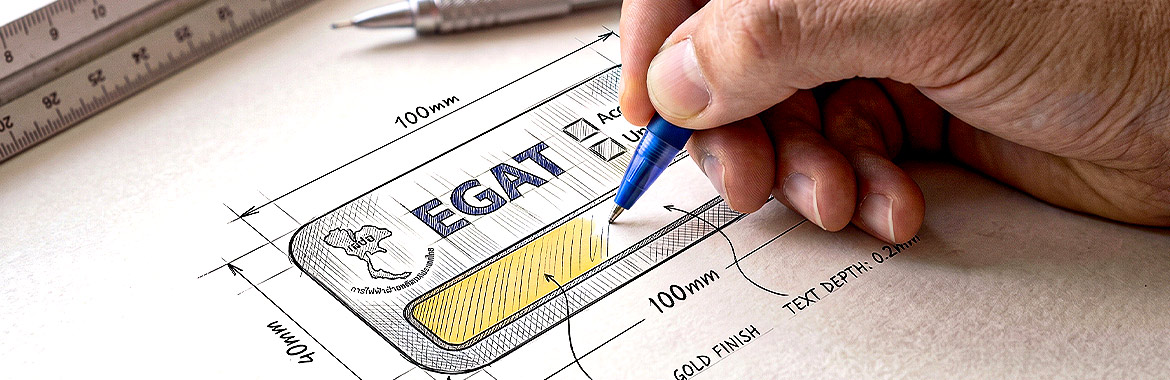 การร่างแบบ Drawing ป้ายเนมเพลทโลหะ EGAT ระบุขนาด 100x40 มม. และสเปก Gold Finish เพื่อขอราคาประเมิน