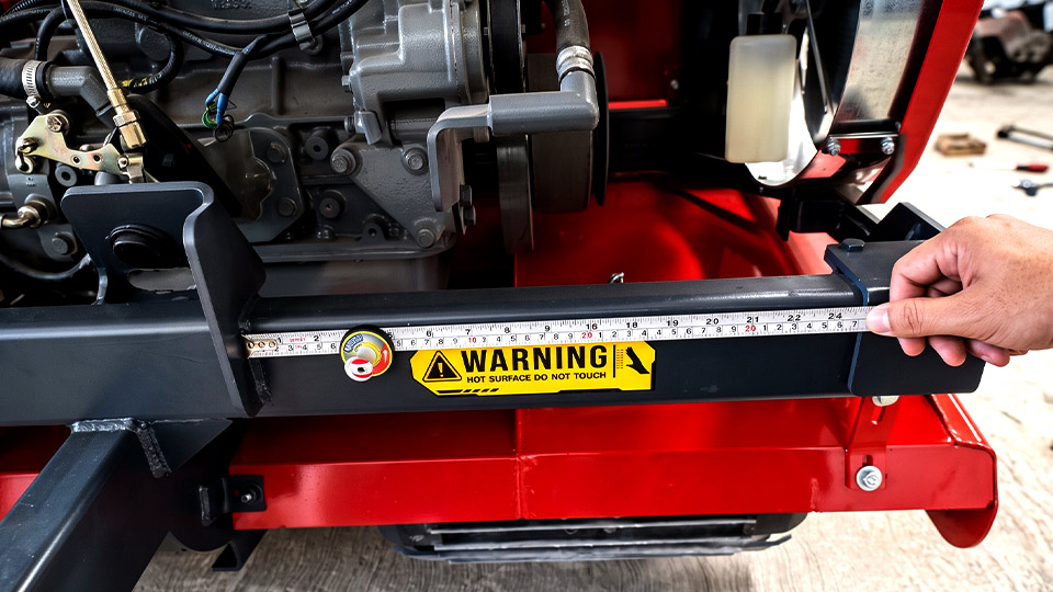 การวัดระยะติดตั้งป้ายเตือนความร้อน WARNING Hot Surface Do Not Touch บนคานเหล็กใกล้ห้องเครื่องยนต์เหล็กใกล้แหล่งกำเนิดความร้อน