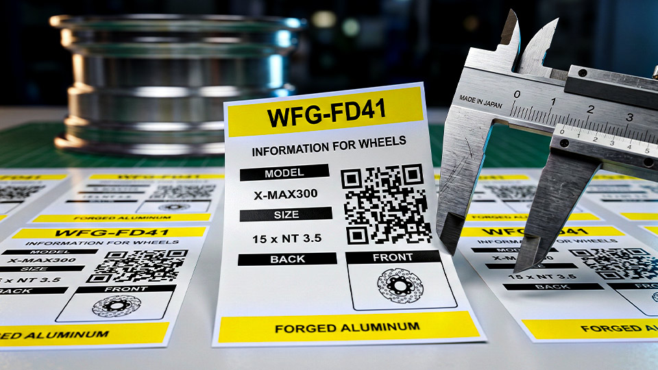 การตรวจสอบมิติป้ายสติกเกอร์ระบุสเปกชิ้นส่วน Forged Aluminum และโค้ดกำกับด้วยเวอร์เนียร์คาลิปเปอร์สเตนเลส