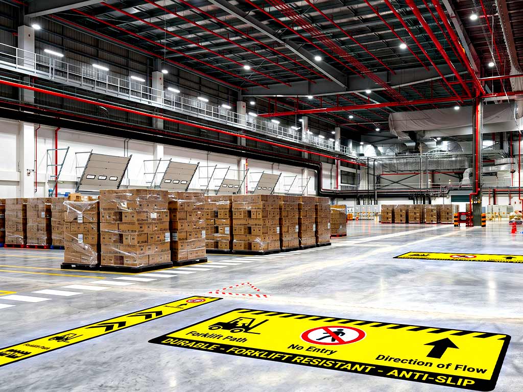 สติ๊กเกอร์ติดพื้นโรงงาน ทนรอยล้อโฟล์กลิฟต์ Forklift Resistant ผิวกันลื่น สำหรับงาน Floor Marking และแบ่งโซน