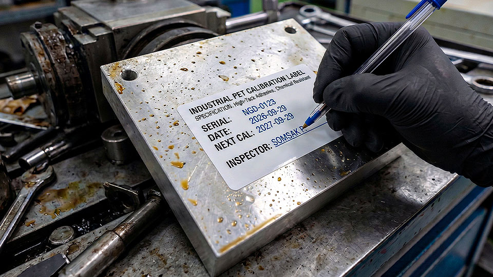 สติ๊กเกอร์ Inspection และสถานะเครื่องจักร กาว High-Tack ทนละอองน้ำมัน ติดบนชิ้นส่วนโลหะซ่อมบำรุง