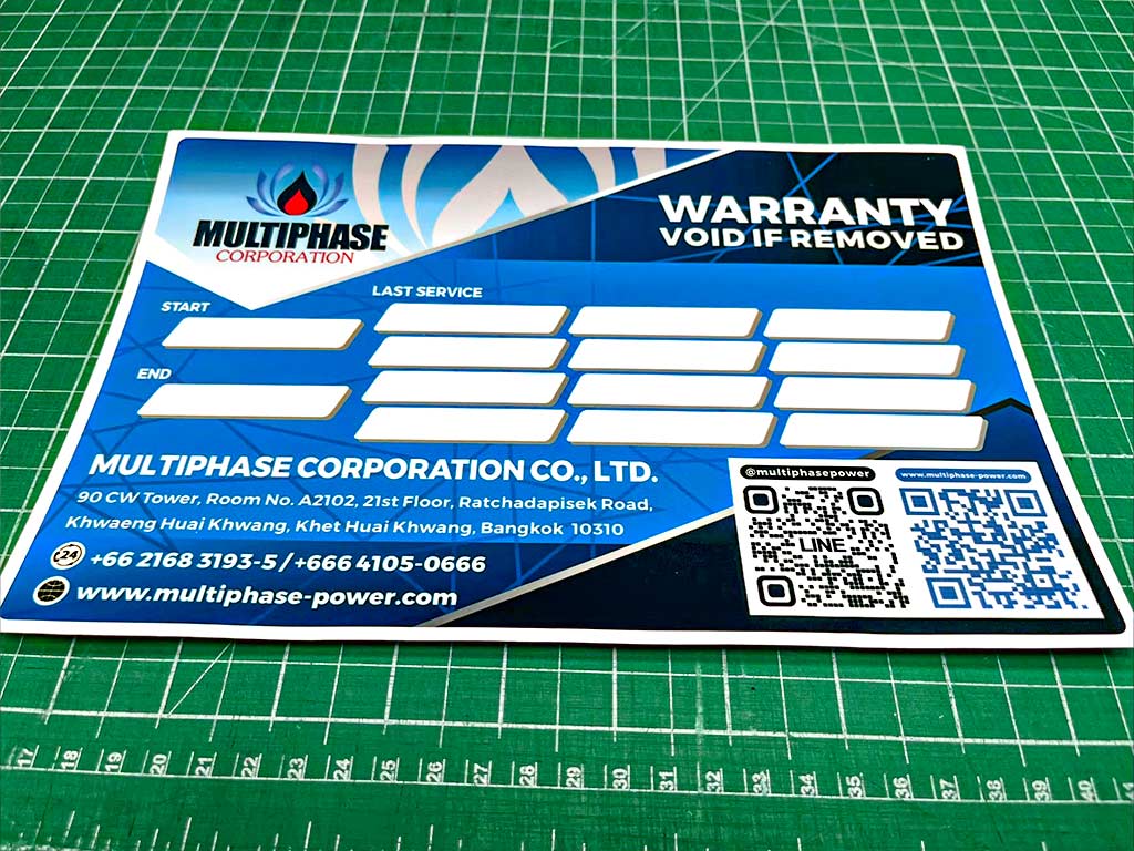 สติ๊กเกอร์ Inspection และรับประกัน Multiphase Corporation ตารางบันทึก Last Service และ QR Code คมชัด