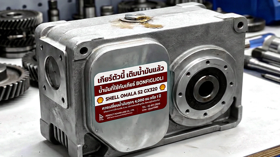 สติ๊กเกอร์ระบุชนิดน้ำมันเกียร์ Shell Omala และรอบบำรุงรักษา ติดบนเสื้อเกียร์โลหะ ทนละอองน้ำมันและคราบจารบี