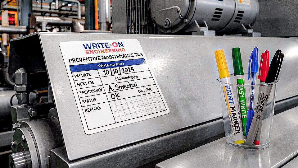 สติ๊กเกอร์ Preventive Maintenance Tag เคลือบผิวชนิดเขียนทับได้ พร้อมแก้วใส่ปากกาเคมี Marker และปากกาลูกลื่นบนโครงสเตนเลส