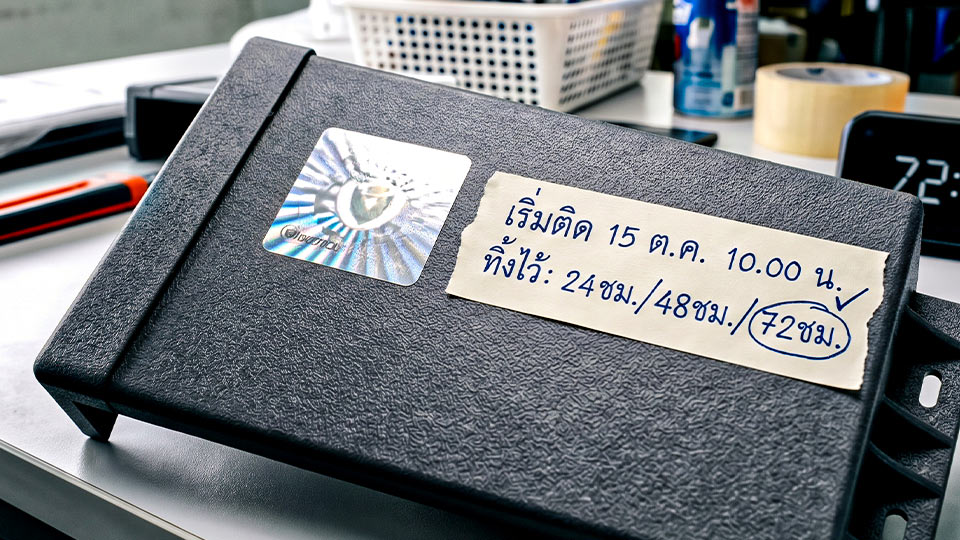 ชิ้นงานพลาสติกผิวด้านติดสติ๊กเกอร์ Void โฮโลแกรม พร้อมป้ายบันทึกรอบเวลาการเซ็ตตัวของกาว 24 ถึง 72 ชม.