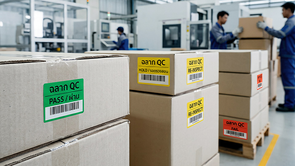 ฉลาก QC, Lot, Batch และ Traceability สติ๊กเกอร์แยกสีสถานะ PASS สีเขียว HOLD สีเหลือง FAIL สีแดง พร้อมบาร์โค้ด