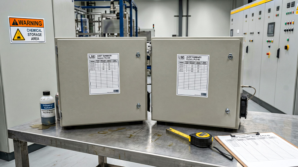 ป้ายตู้คอนโทรล ประเมินพื้นผิว Powder Coat และพลาสติก LSE ทนสารเคมีและไอระเหยตัวทำละลาย