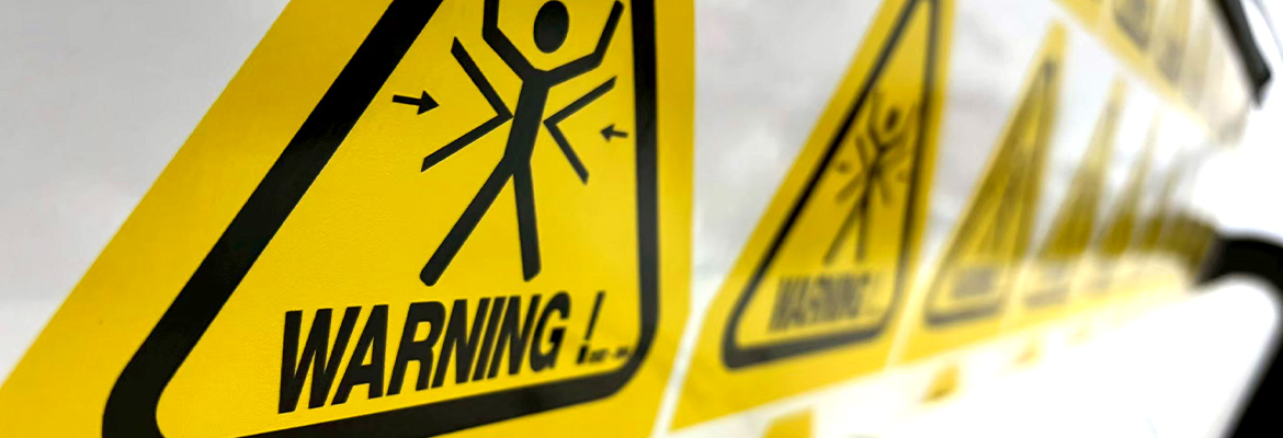 แถวป้ายเตือนอันตราย WARNING สัญลักษณ์จุดกดทับบีบอัดร่างกายสีเหลืองตัดดำ ผลิตมาตรฐานเดียวกันเพื่อความคุ้มค่าด้านงบประมาณ