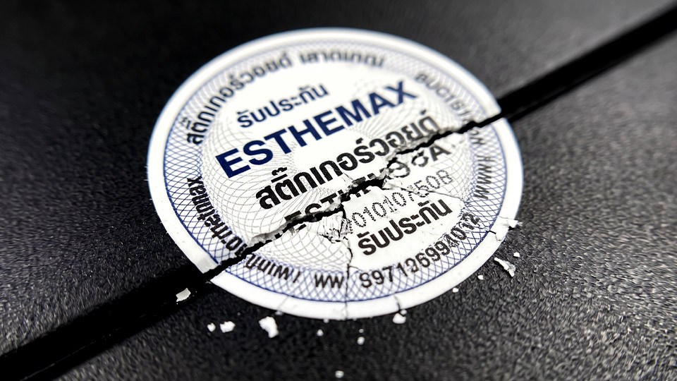 สติกเกอร์เปลือกไข่รับประกัน ESTHEMAX ฉลากแตกละเอียดเป็นสะเก็ดเมื่อถูกแกะตามรอยต่อเคส