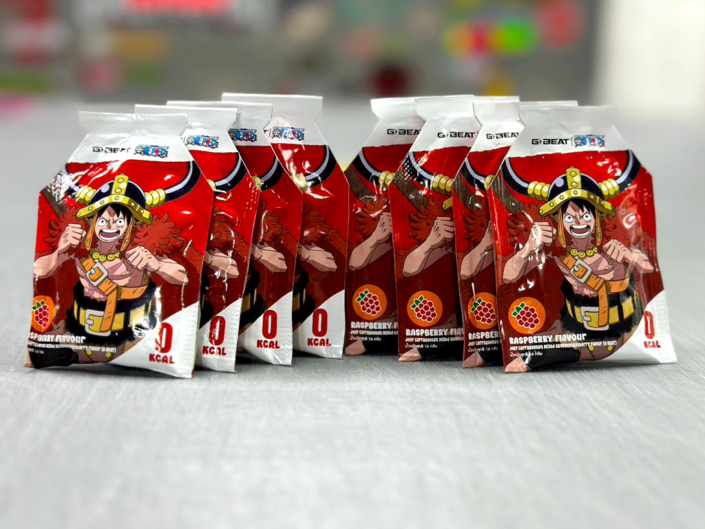 ฉลากซองฟอยล์เยลลี่ G-BEAT รสราสเบอร์รี่ ระบุข้อมูลโภชนาการ 0 KCAL ถูกต้องตามข้อกำหนด อย.