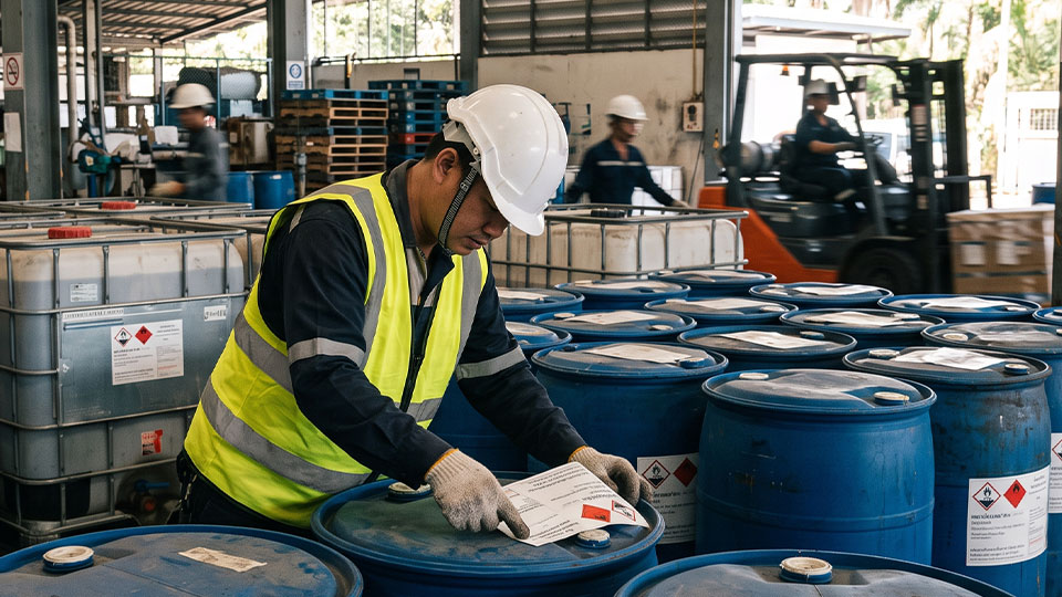 สติ๊กเกอร์ฉลาก GHS ทนสารเคมีสำหรับถัง HDPE พลังงานพื้นผิวต่ำ ผ่านการทดสอบ 180° Peel Adhesion[cite: 8]