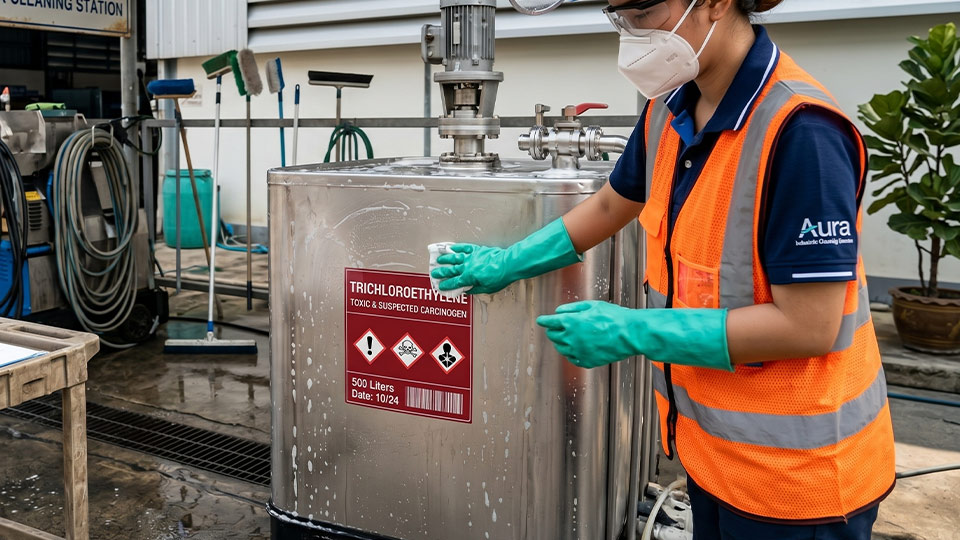 ป้ายสติ๊กเกอร์ฉลาก GHS สารเคมี Trichloroethylene โครงสร้างฟิล์ม PET ป้องกันกาวเปิดขอบ Edge-Seal สำหรับพื้นที่เช็ดล้างสารเคมีตามมาตรฐาน EHS