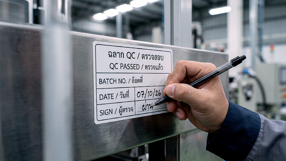 ฉลาก QC, Lot, Batch และ Traceability สติ๊กเกอร์ QC PASSED ช่องกรอกลายมือพอดี ปากกาเขียนติดชัดบนผิวสแตนเลส