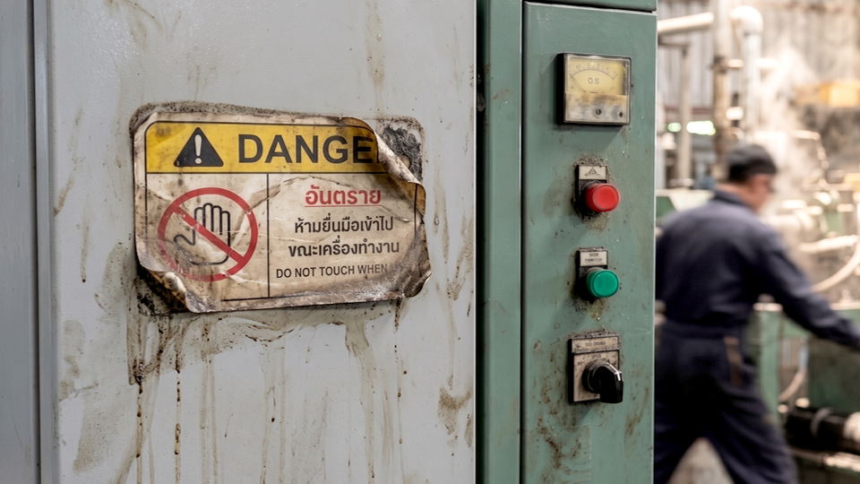 สติ๊กเกอร์ติดภายนอกและพื้นที่สภาวะหนัก ป้ายเตือนอันตรายเครื่องจักรอุตสาหกรรมหลุดลอกขอบจากคราบน้ำมัน