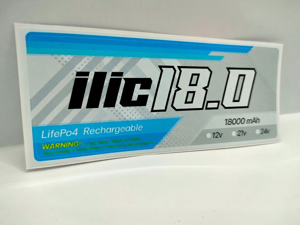 สติ๊กเกอร์ทนความร้อนป้ายสเปก ilic 18.0 แบตเตอรี่ LifePo4 Rechargeable 18000 mAh แถบสีฟ้าสดใส
