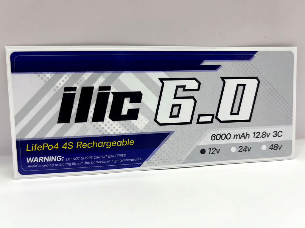 สติ๊กเกอร์ทนความร้อนป้ายสเปก ilic 6.0 แบตเตอรี่ LifePo4 4S Rechargeable 6000 mAh โทนน้ำเงินเข้ม