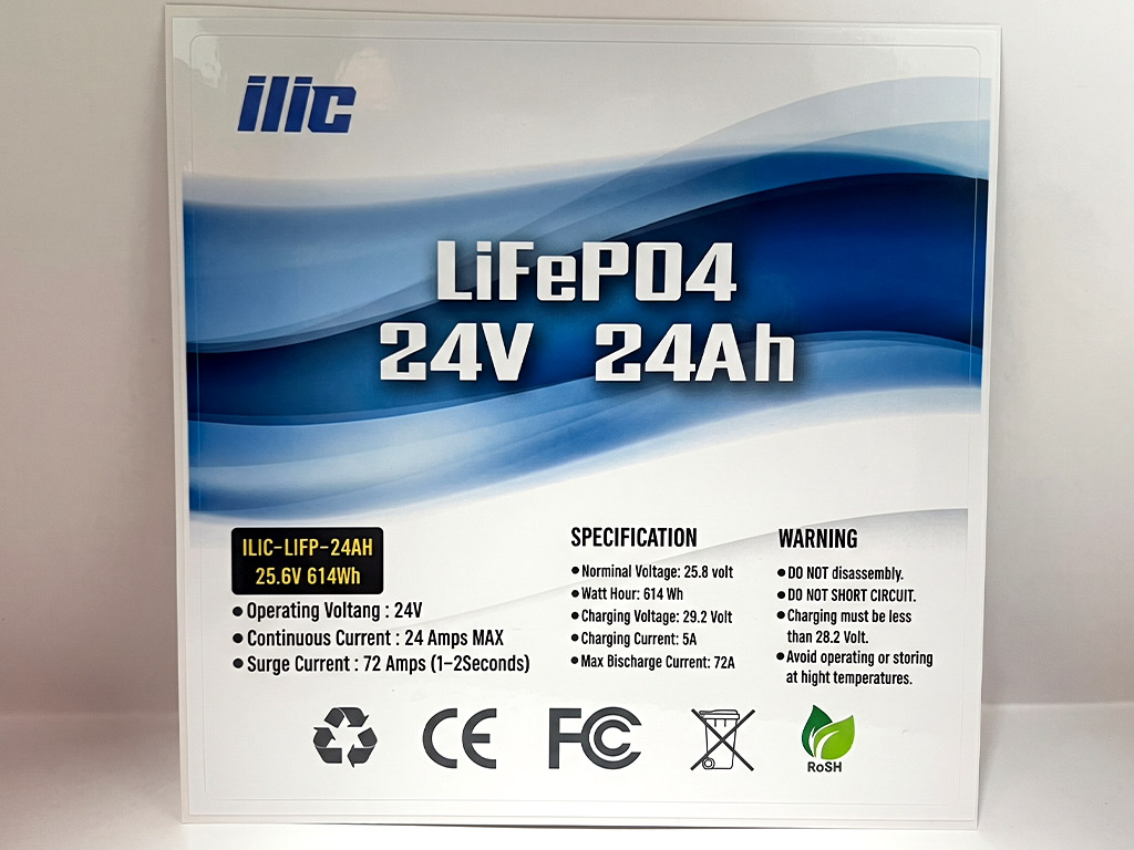 สติ๊กเกอร์ทนความร้อนป้ายสเปกแบตเตอรี่ ilic LiFePO4 24V 24Ah กราฟิกคลื่นสีน้ำเงิน มาตรฐาน CE FC RoHS