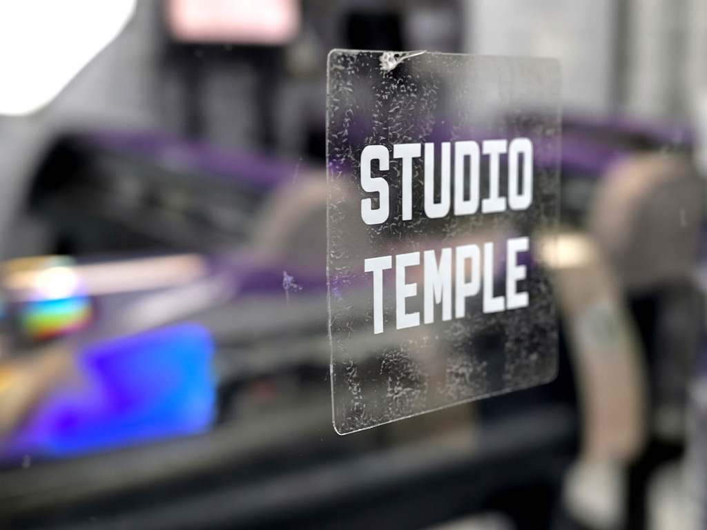 ฉลากใสพิมพ์สีขาว Transparent UV มุมมองเฉียงขวา ข้อความ STUDIO TEMPLE ทึบแสงตัดแสงสะท้อน