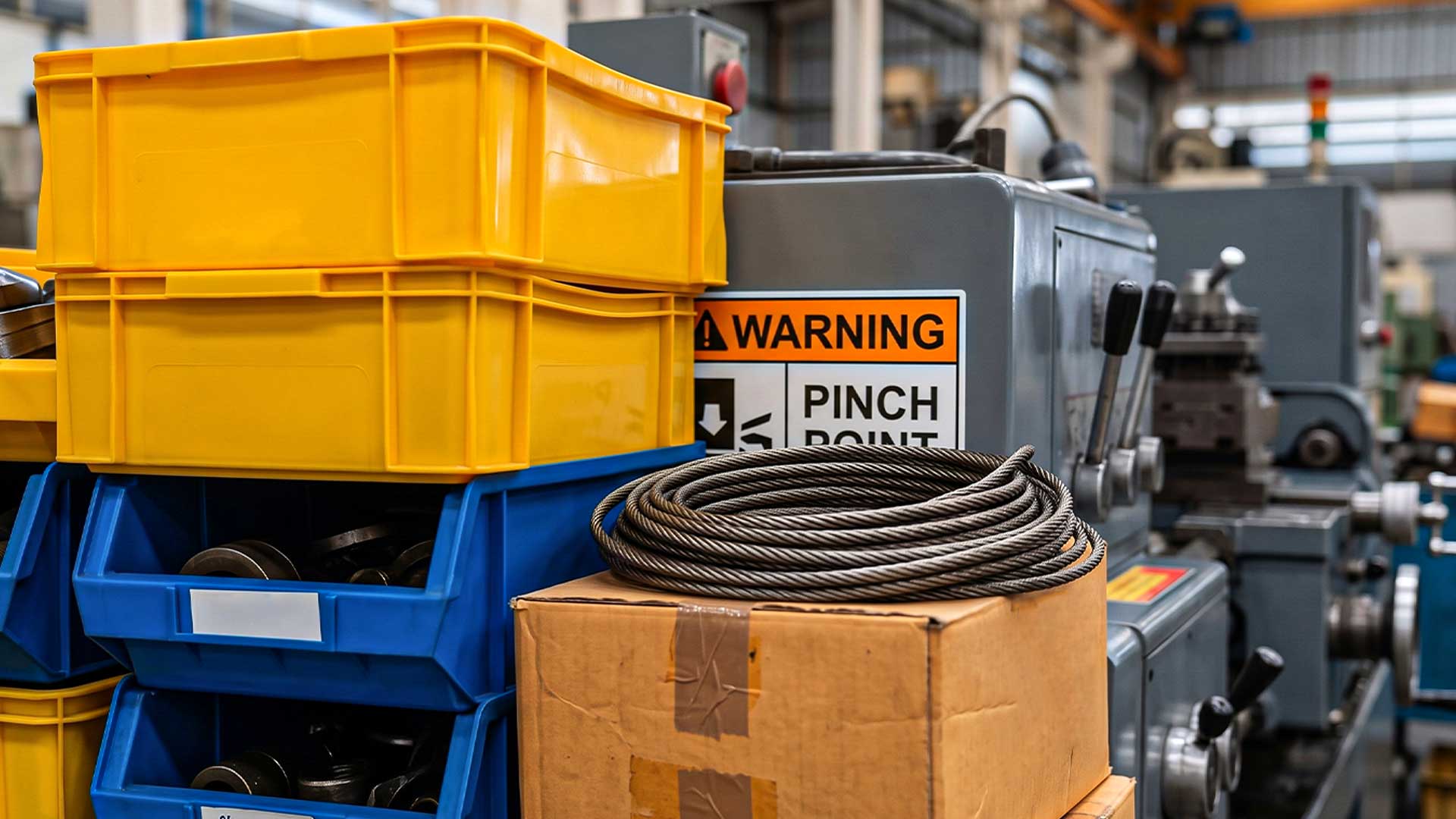 ป้ายเตือนจุดหนีบเครื่องจักร Warning Pinch Point ถูกลังพลาสติกและกล่องพัสดุบดบังแนวสายตา สะท้อนปัญหาการกำหนดตำแหน่งป้ายความปลอดภัย