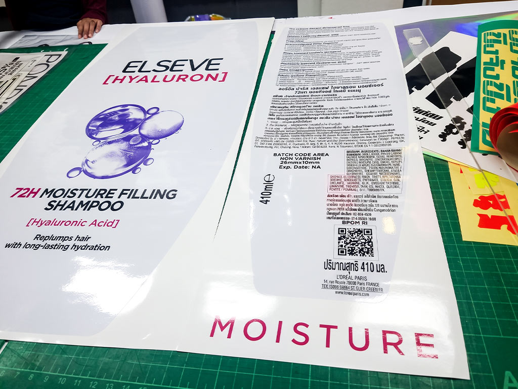 ฉลากใสพิมพ์สีขาว White Ink ชุดคู่หน้า-หลังขวดแชมพู Elseve ลายหยดน้ำสีม่วงและตารางส่วนผสม