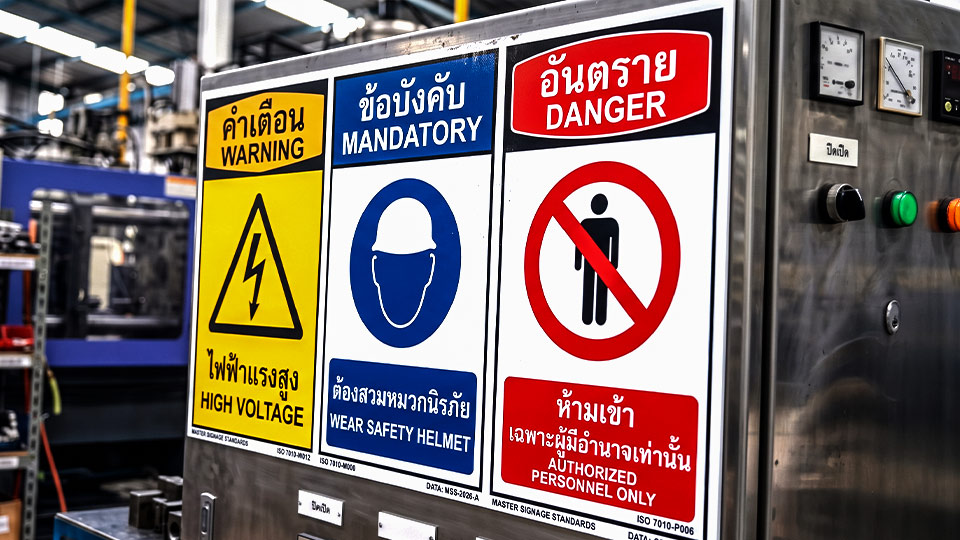 ป้ายความปลอดภัยโรงงานระบบ Master Signage Standard รวมป้ายเตือนไฟฟ้าแรงสูง ป้ายบังคับสวมหมวกนิรภัย และป้ายอันตรายห้ามเข้าบนเครื่องจักร