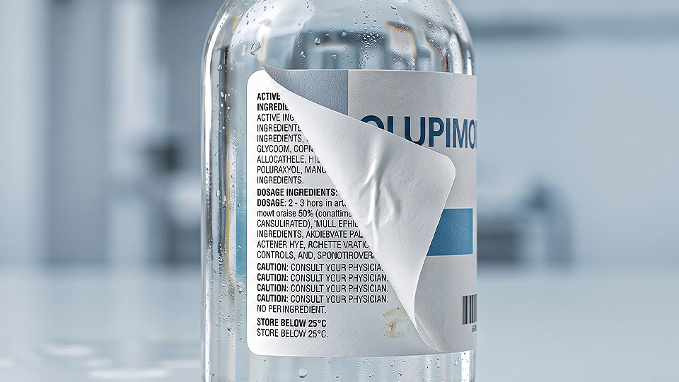 สติ๊กเกอร์ฉลาก อย. ฉลากหลายชั้น Peel-and-Reveal แสดงข้อกำหนดกฎหมาย Dosage และ Caution ครบถ้วน รองรับขวดที่มีความชื้นและเครื่องติดฉลาก