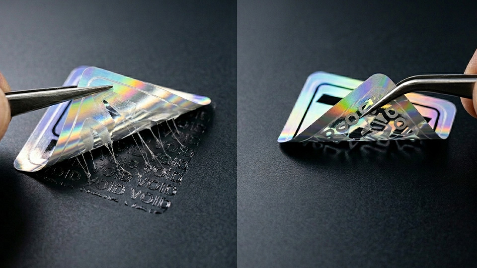 ปากคีบทดสอบแรงดึงกาวสติ๊กเกอร์ Void ด้านซ้ายกาว Permanent ทิ้งคราบเหนียว ด้านขวาระบบ Non-Residue ไม่เลอะชิ้นงาน