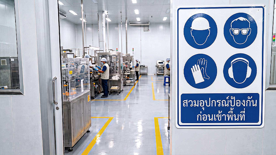 ป้ายบังคับสวมใส่อุปกรณ์ป้องกันก่อนเข้าพื้นที่ รวม 4 สัญลักษณ์ PPE สวมหมวก แว่นตา ถุงมือ และที่ครอบหู ติดตั้งข้างประตูก่อนเข้าไลน์ผลิต