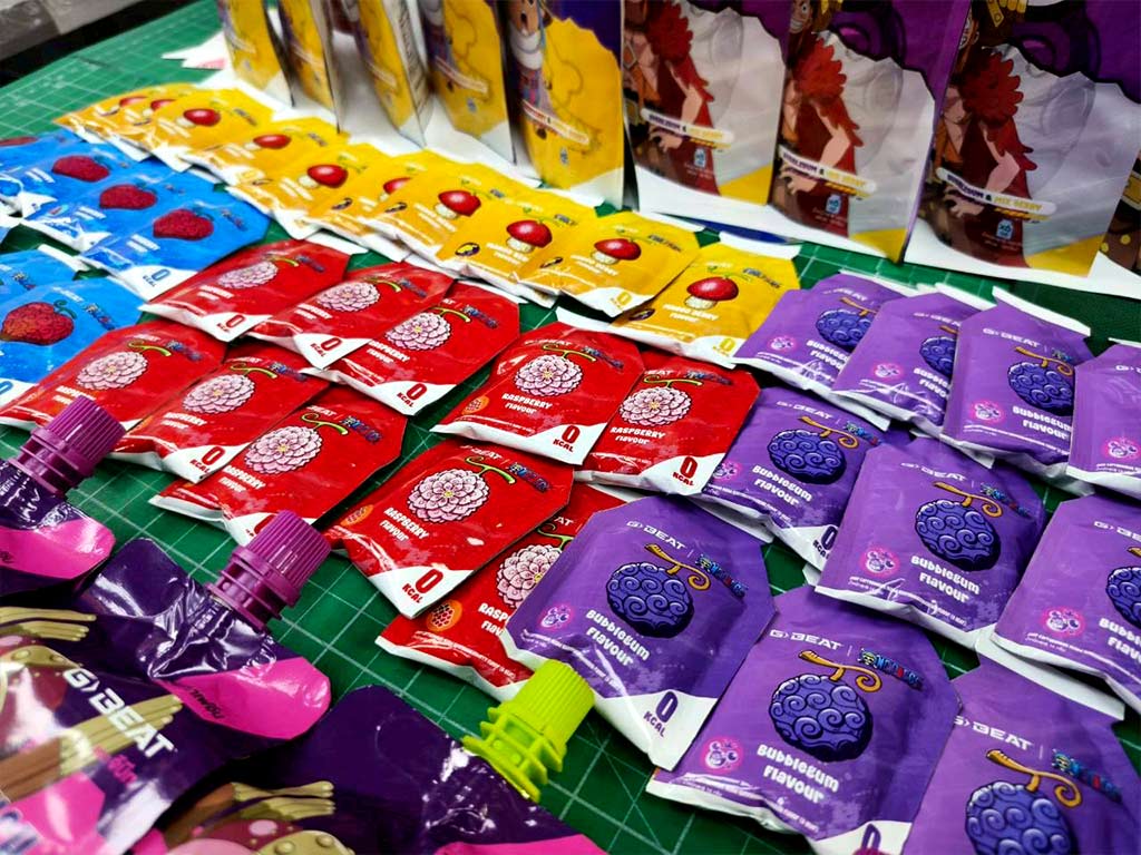 รับผลิตสติ๊กเกอร์ฉลาก อย. ซองฟอยล์ขนาดพกพา รสผลไม้ ระบุ 0 Kcal ดีไซน์ผลไม้แฟนซี